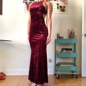 90s Crushed Red Velvet Halter Gown